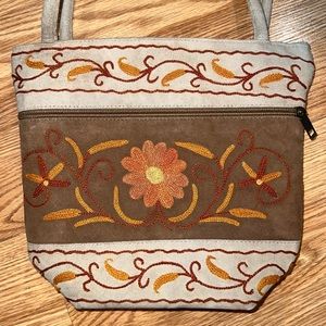 Embroidered Ultrasuede Shoulder bag‎ orange, brown, stone color